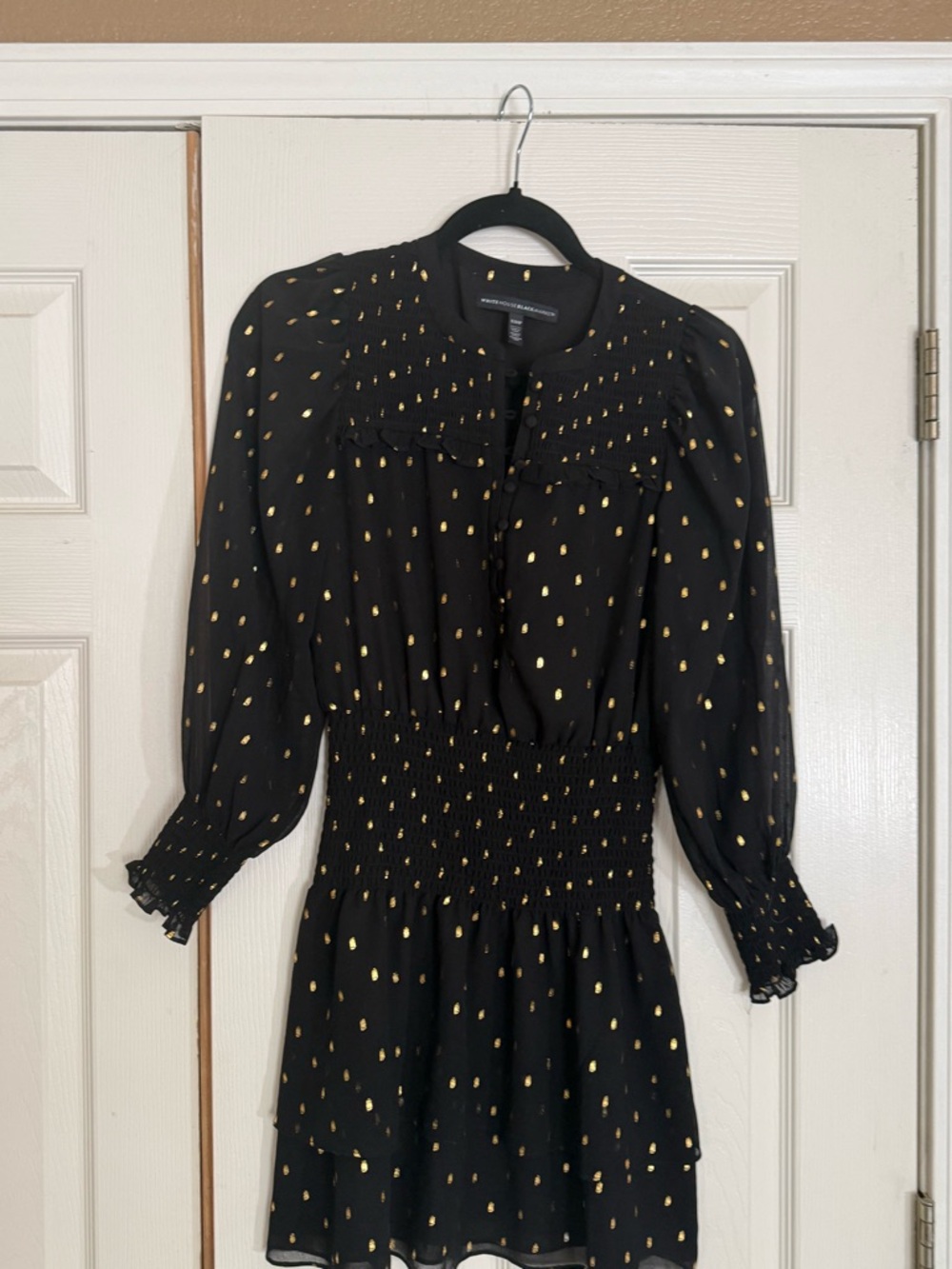 WHBM Black Gold Polka Dot Dress XXSP Petite Smocked Waist Ruffle Mini